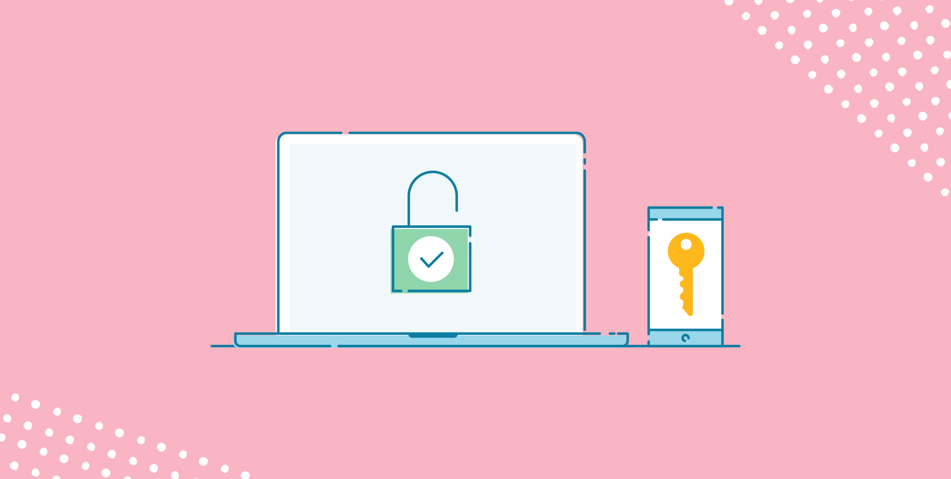 An illustration of a laptop with a lock with a phone with a key on a pink background