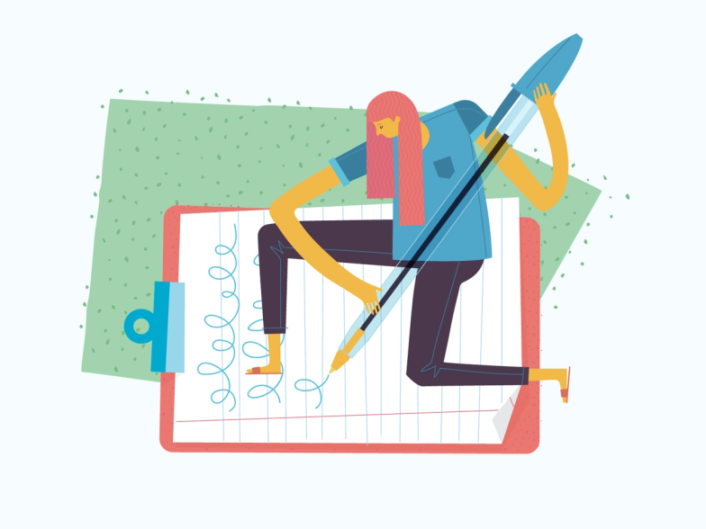 An illustration of a woman holding an oversized pen writing on a clipboard