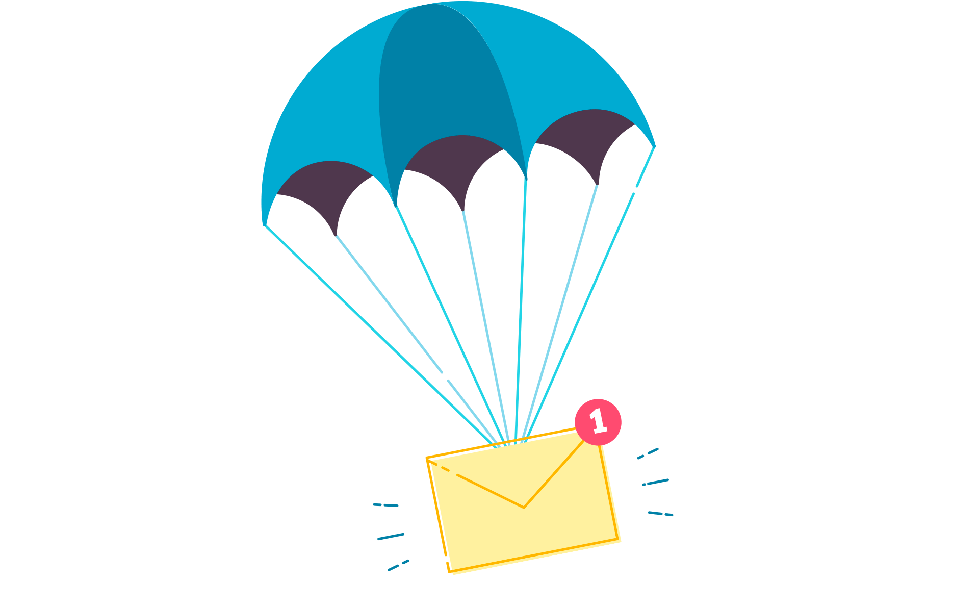 An email notification attached to a parachute.