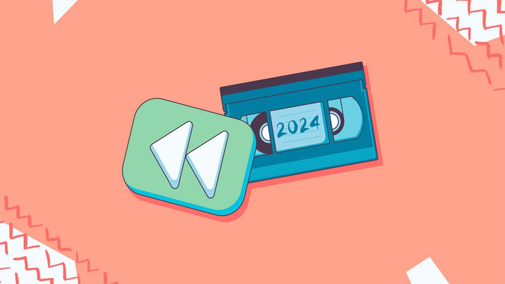 An illustration of a rewind button and a VHS tape with the numbers '2024' displayed on it