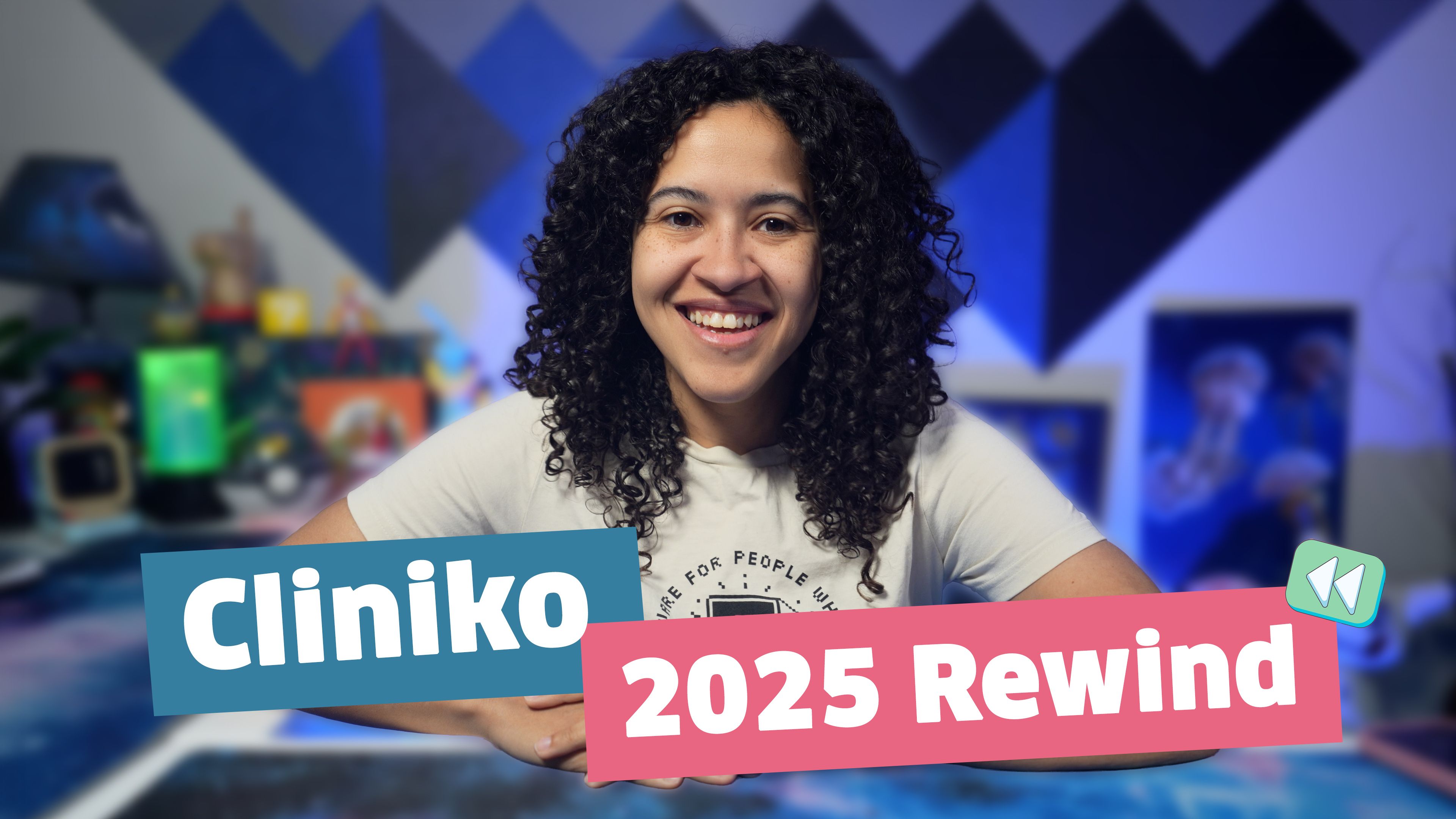 Rachel at her desk with the words "Cliniko 2025 rewind" below