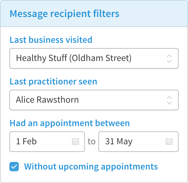 SMS filter form with business name, practitioner and date of appointment.
