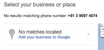 Google places warning saying that there were no matches located.