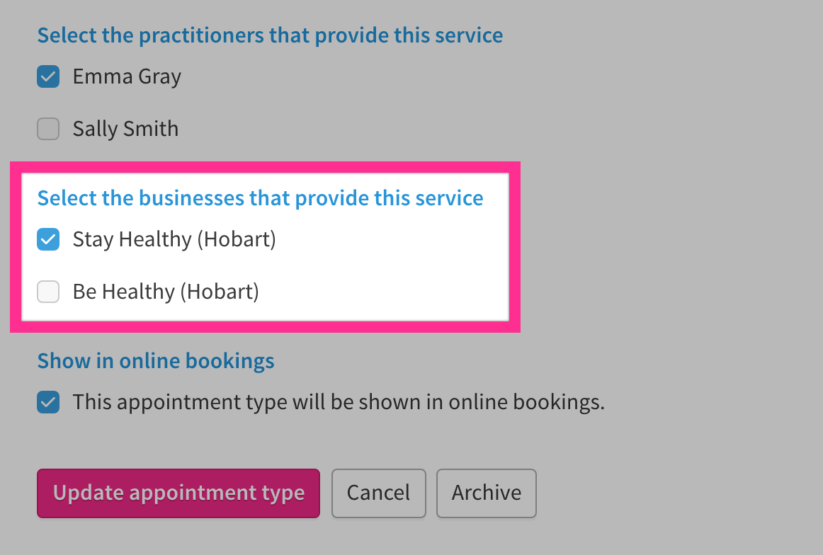 Checkboxes with names of business that provide a specific service