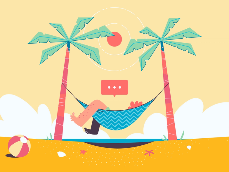An illustration of someone working from a hammock on a sunny beach