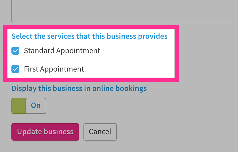 Checkboxes with name of services provided.