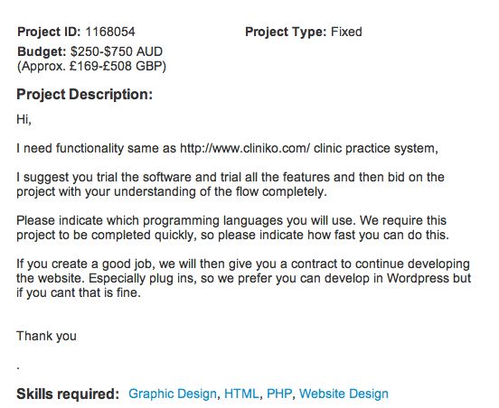 Job posting to hire a developer that could copy Cliniko.
