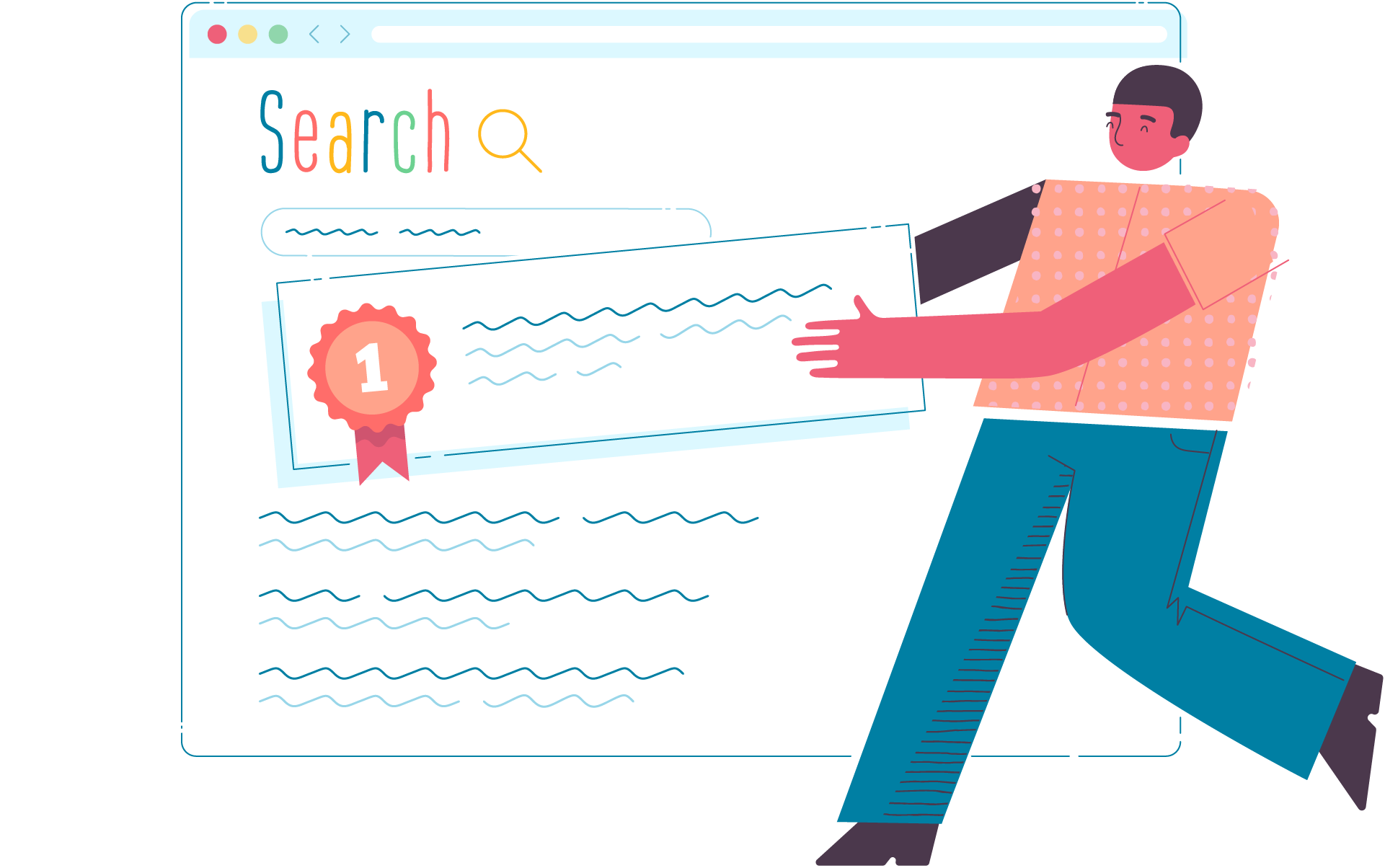 An illustration of a man moving his page to the top of a Google search page