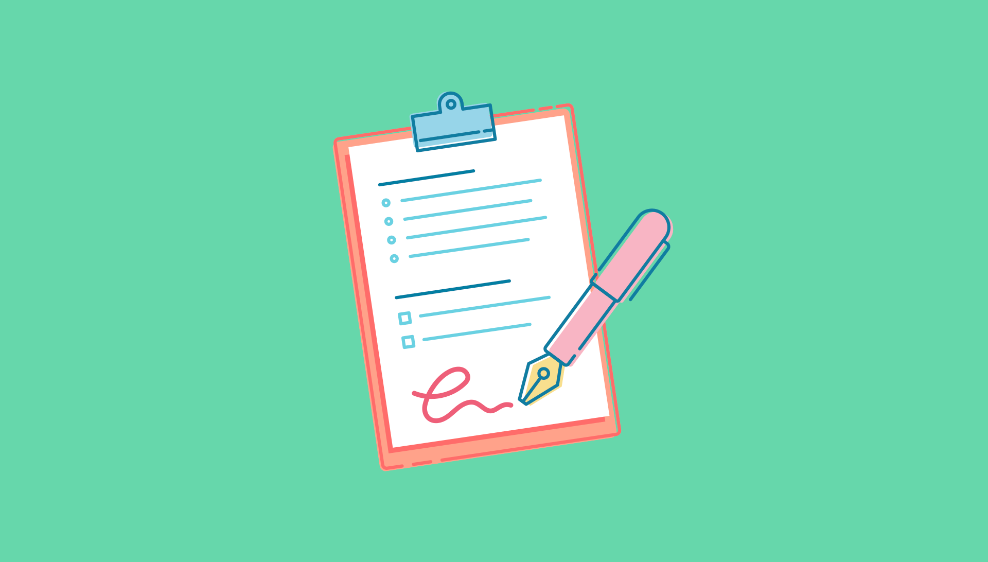 An illustration of a pen signing a form on a clipboard