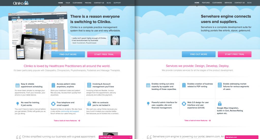 Homepage comparison of Cliniko and a competitor that looks pretty much the same.