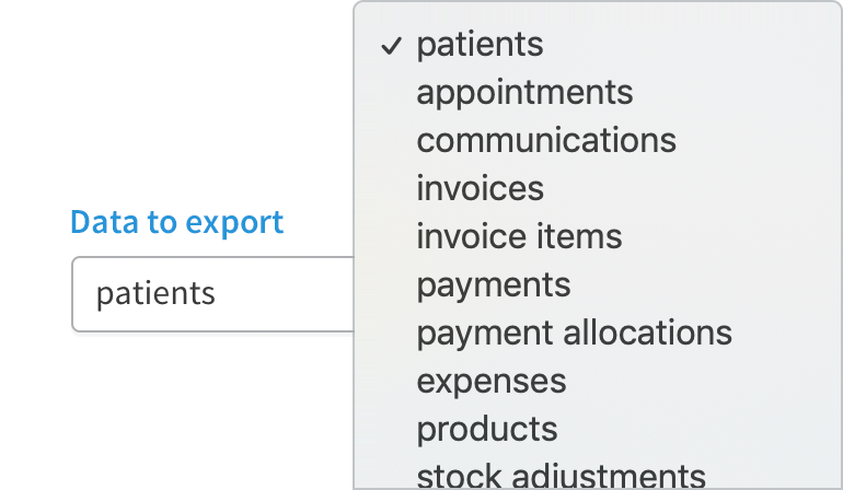 Export dropdown with multiple categories.
