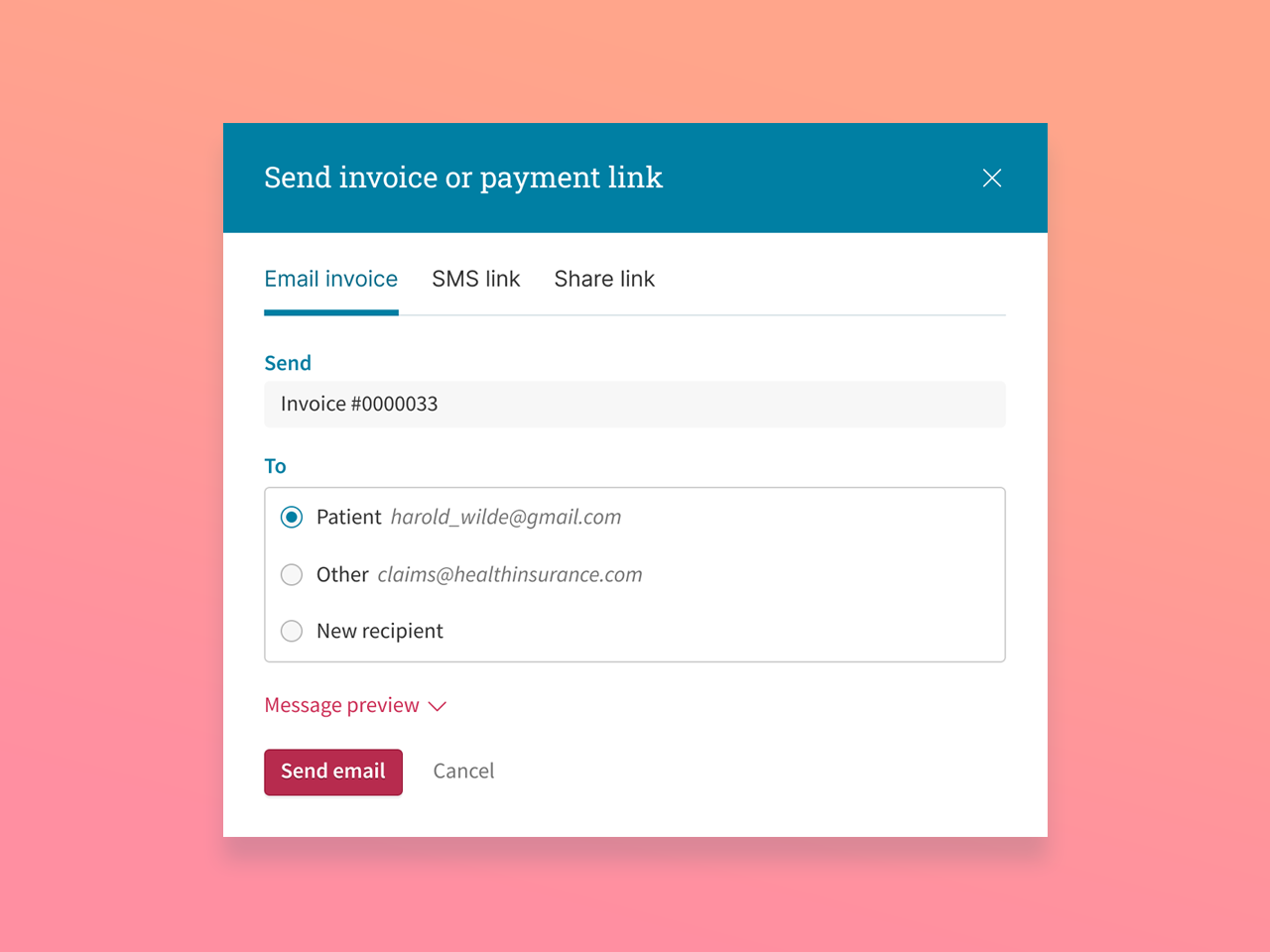 A screenshot of the Send invoice or payment link options