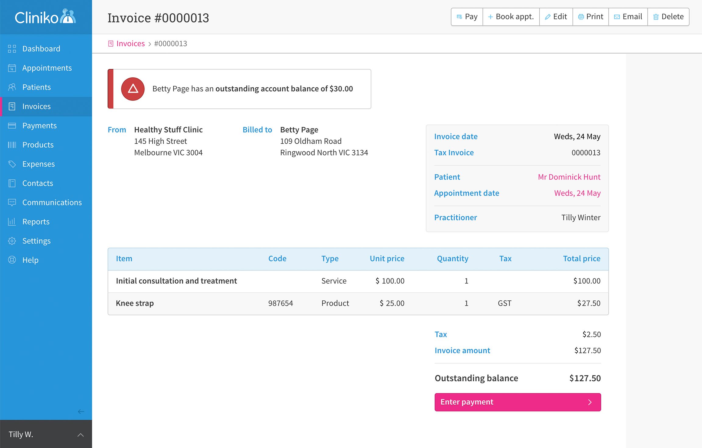 Billing invoice with patient and clinic information.