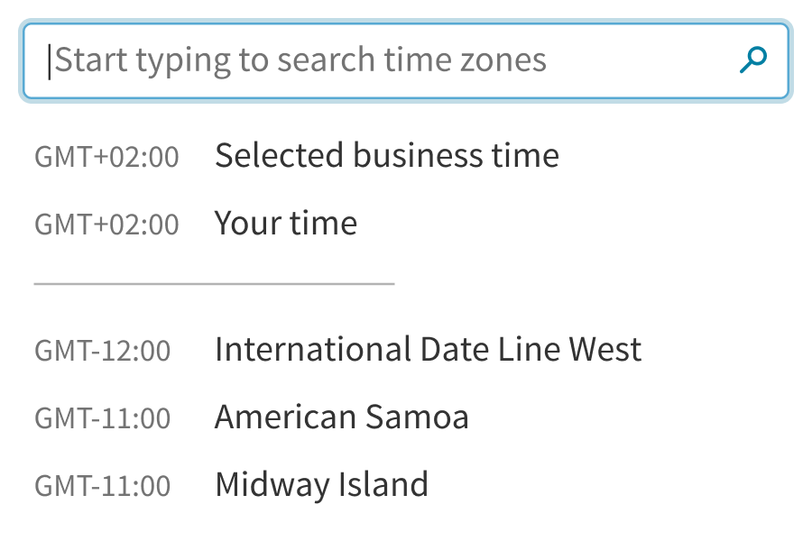 A screenshot of the time zone menu in Cliniko