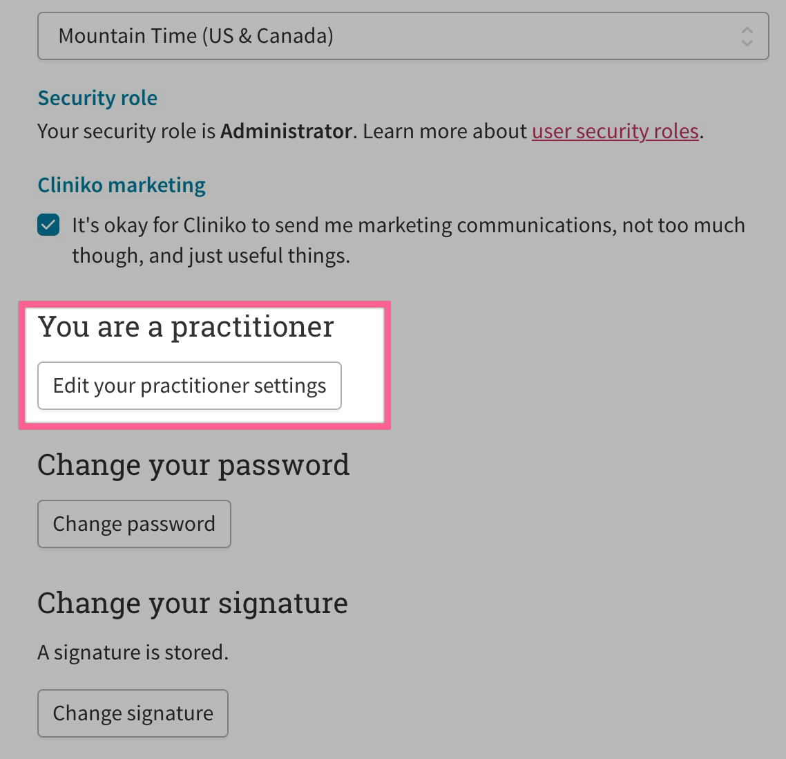 Edit your practitioner settings button