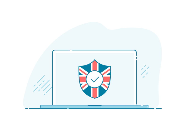 A laptop screen displaying a privacy shield with a British flag.