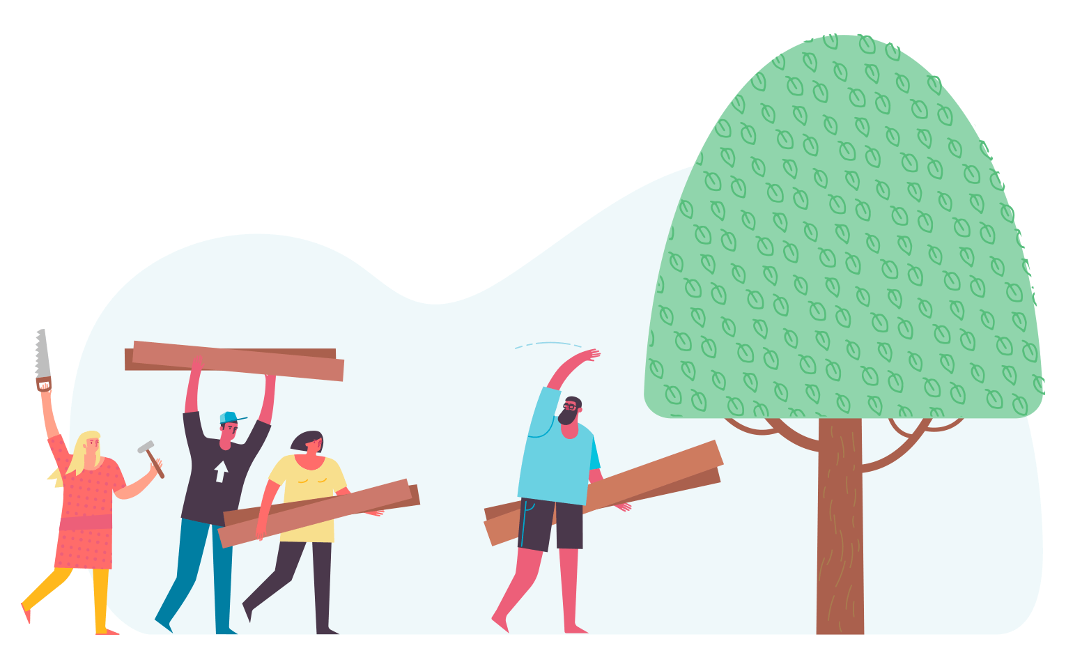 Illustration of a person beckoning to another group of people to help build a tree-house
