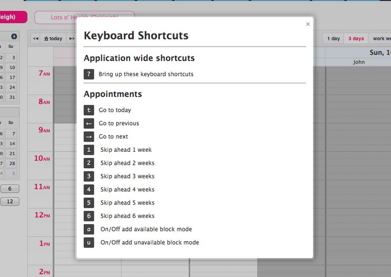 Cliniko's keyboard shortcuts pop up page.