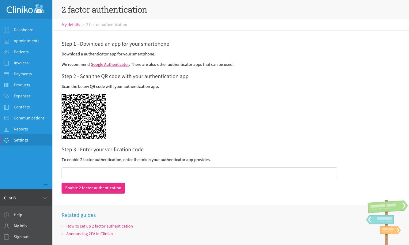 Two factor authentication settings page in Cliniko. 
