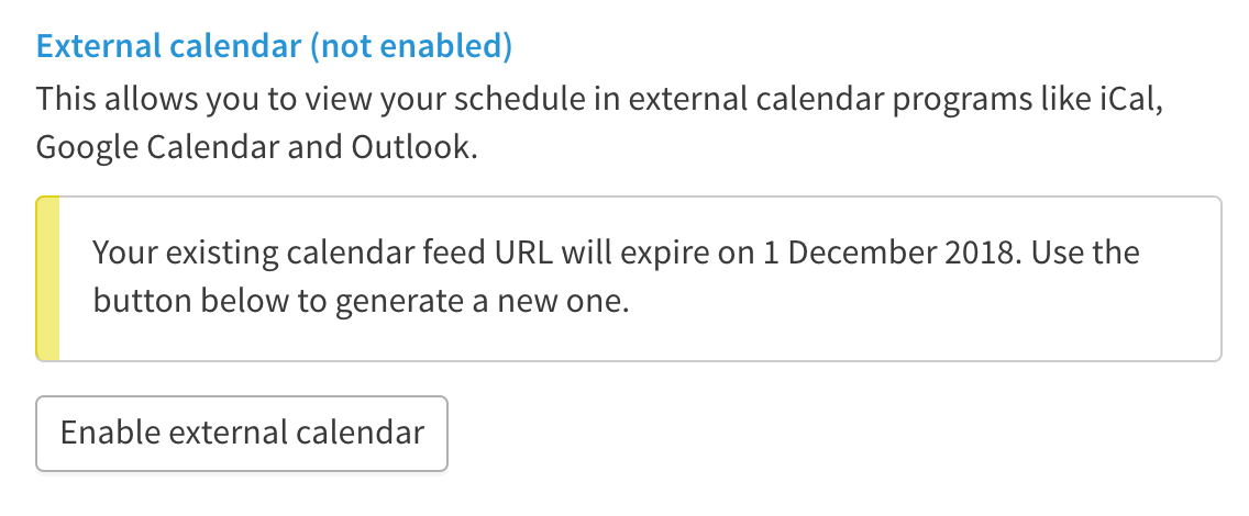 Button to enable external calendar.
