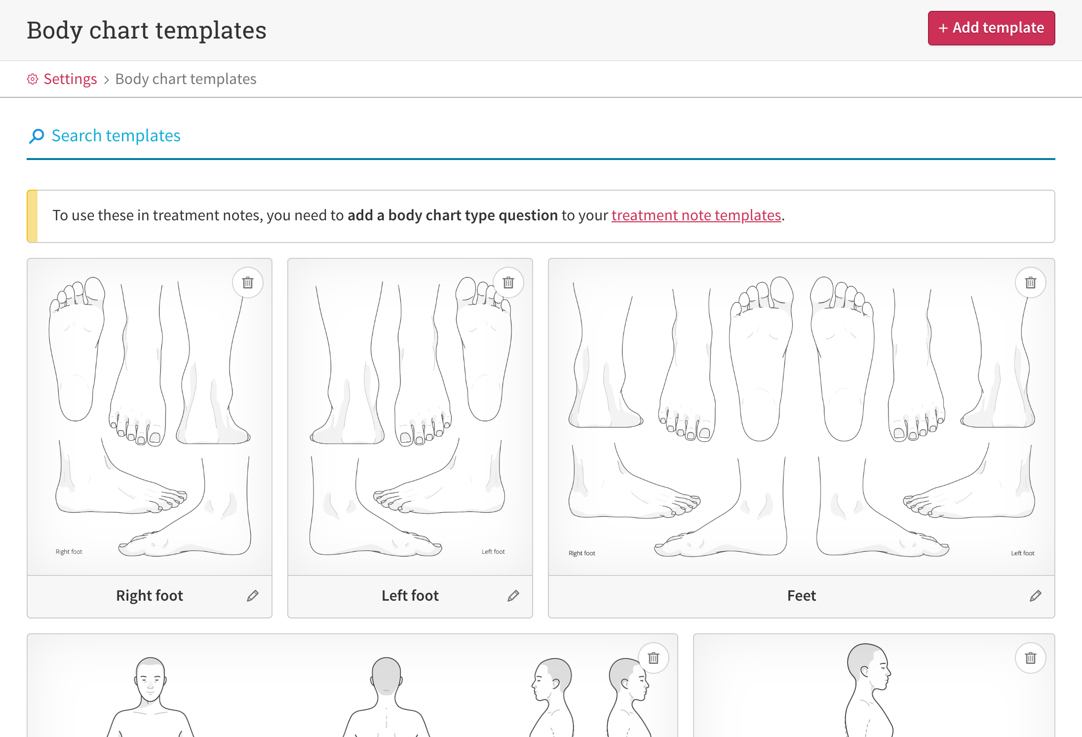 The body chart templates in Cliniko — these are available in every account