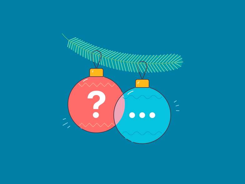 An illustration of red and blue Christmas ornaments hanging from a tree leaf with a question mark and an ellipse inside them