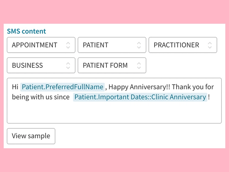 An screenshot of custom patient field placeholders on a pink background