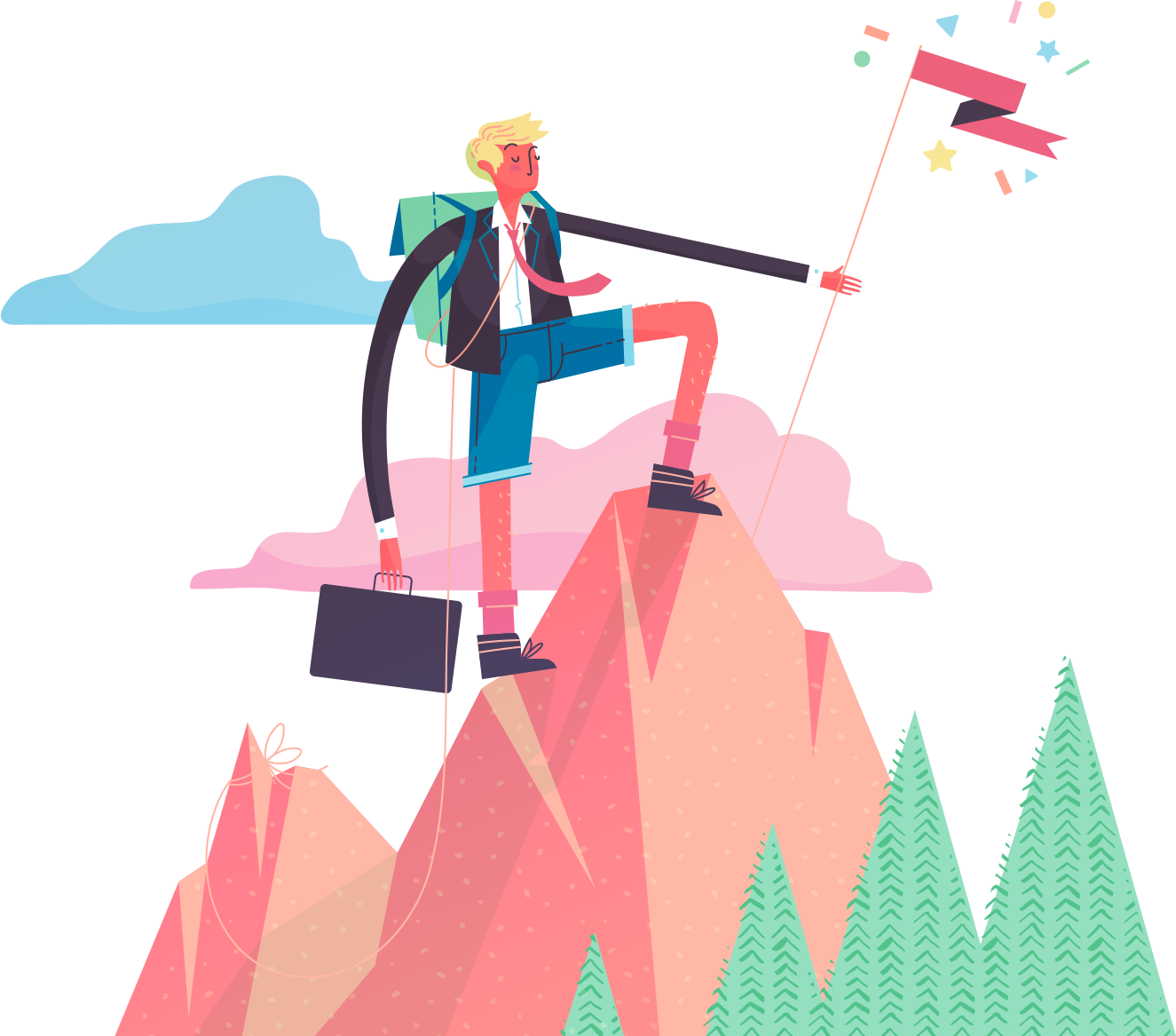 Man with a suitcase climbing a mountain