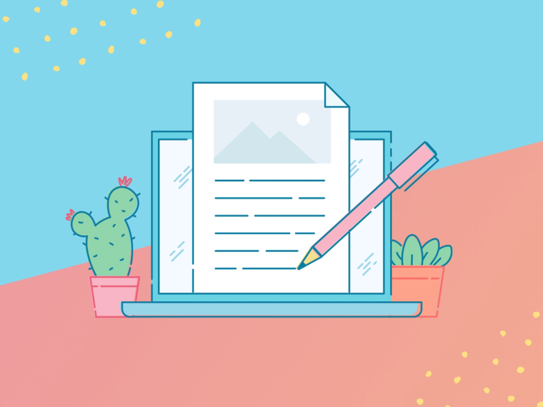 An illustration of a pen and paper overlaid on a laptop, flanked by plants