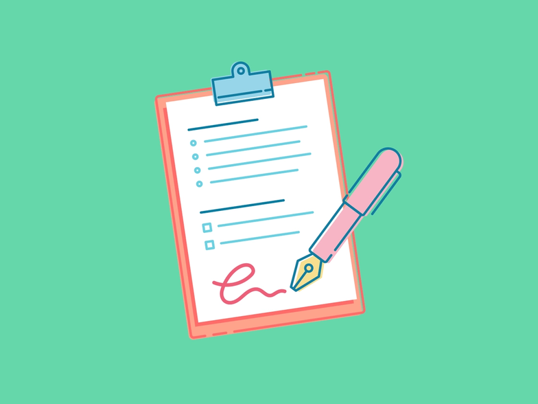 An illustration of a pen signing a form on a clipboard