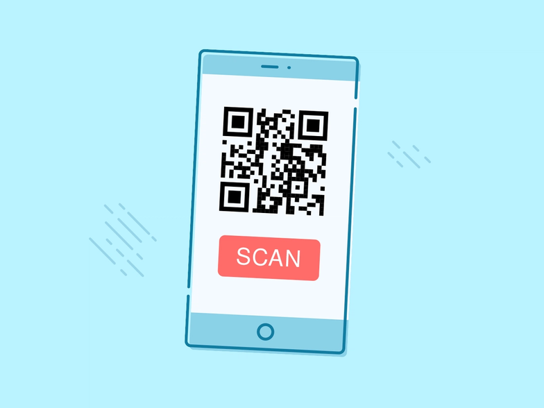 An illustration of a mobile phone with a QR code and button that says 'SCAN'