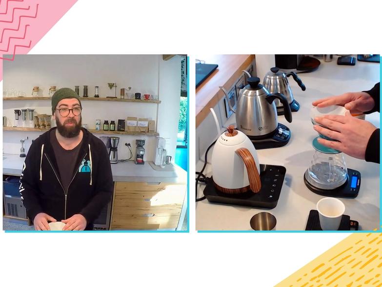 A split-image screenshot that shows Joel preparing his coffee (left) and his setup for V60 pour over (right).