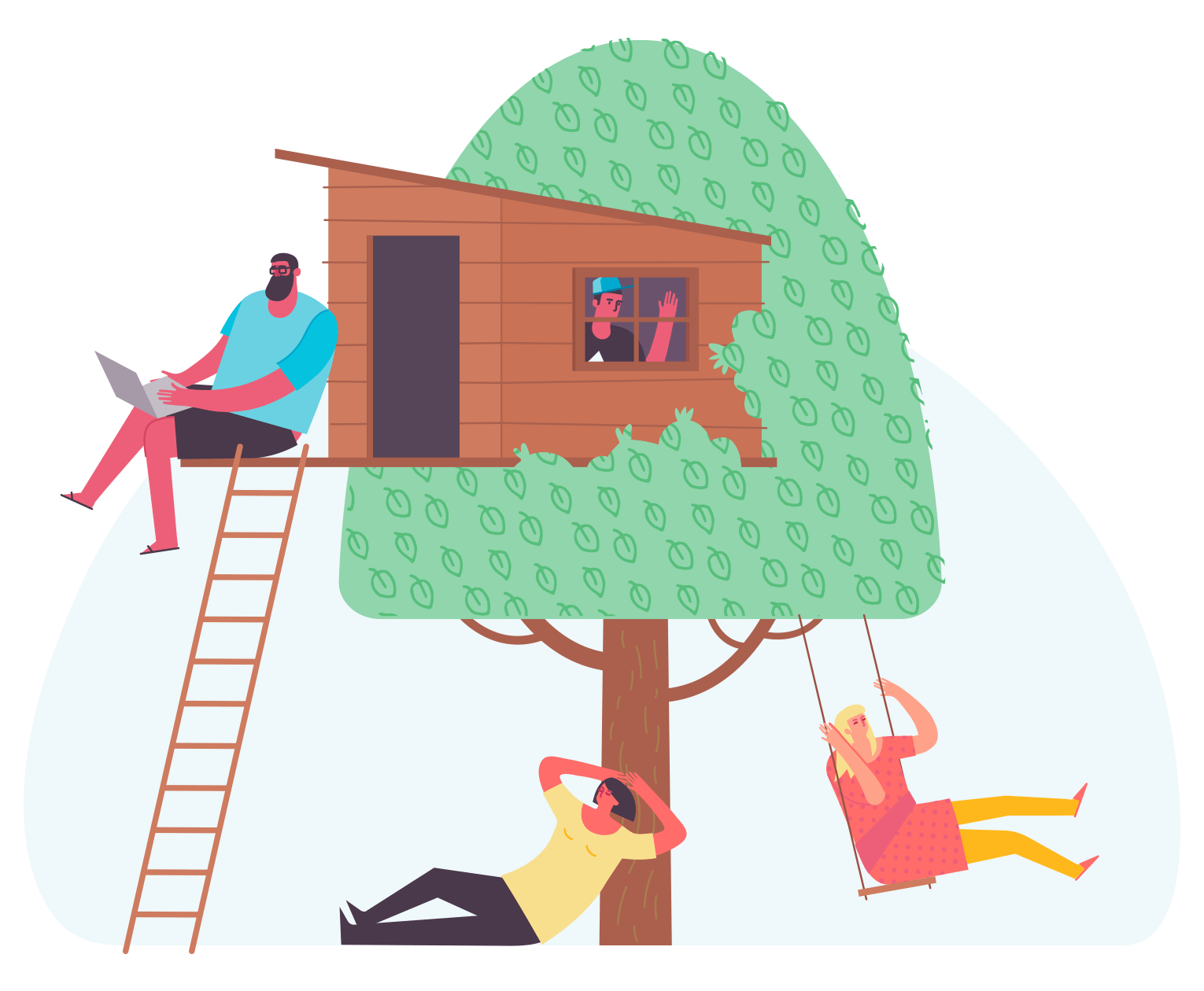 A group of people relaxing in the tree-house they just built