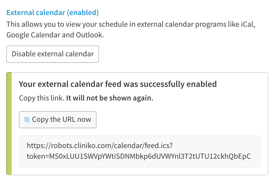 Example of external calendar url.