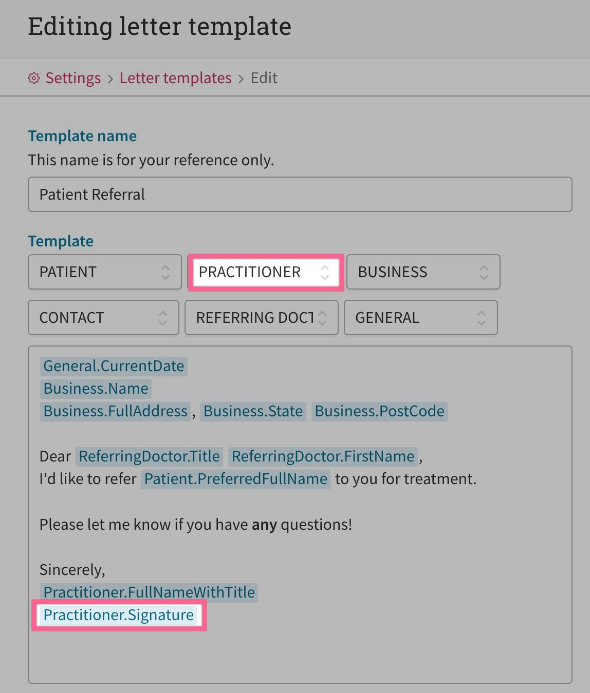 Practitioner signature setting placeholder