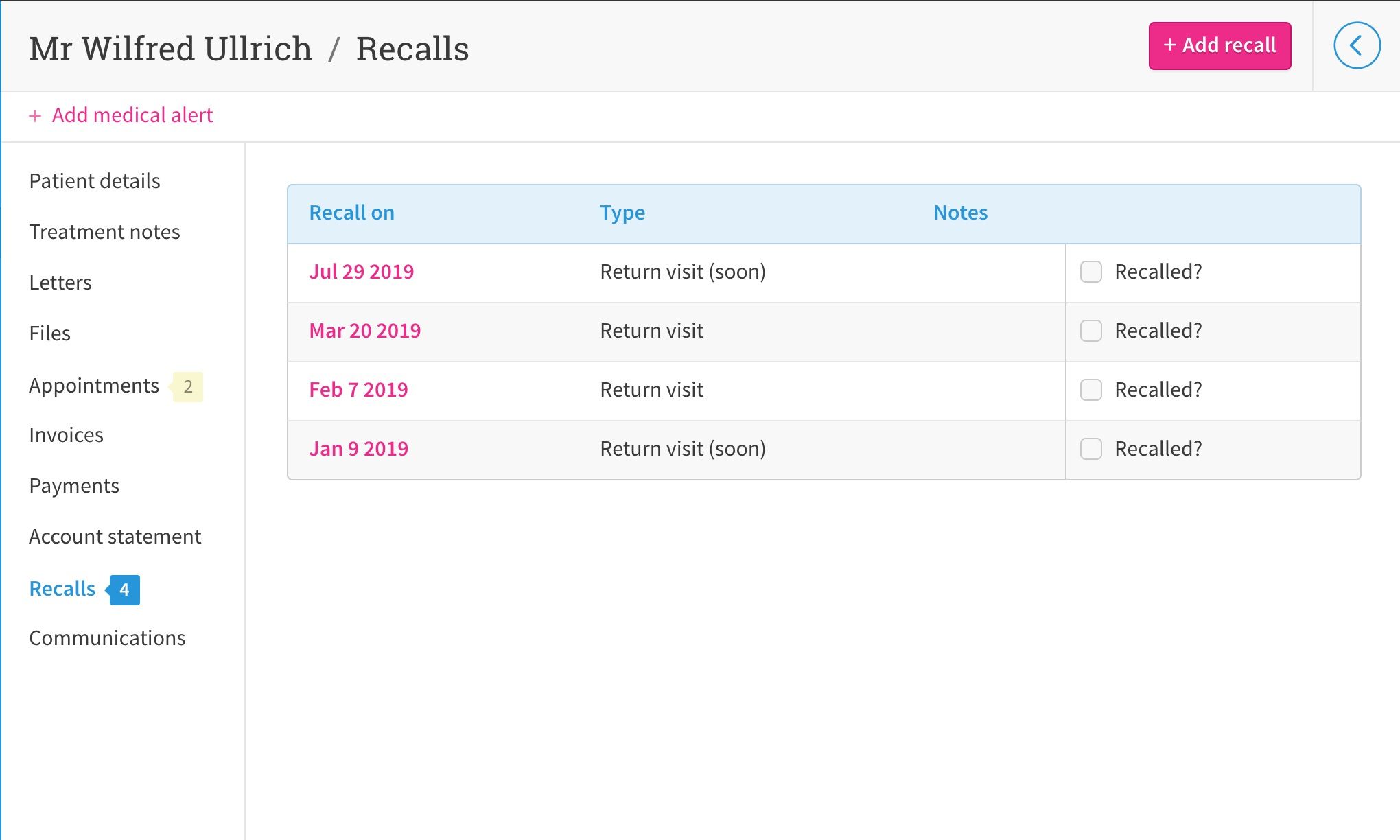 Page displaying a list of recalls by date.