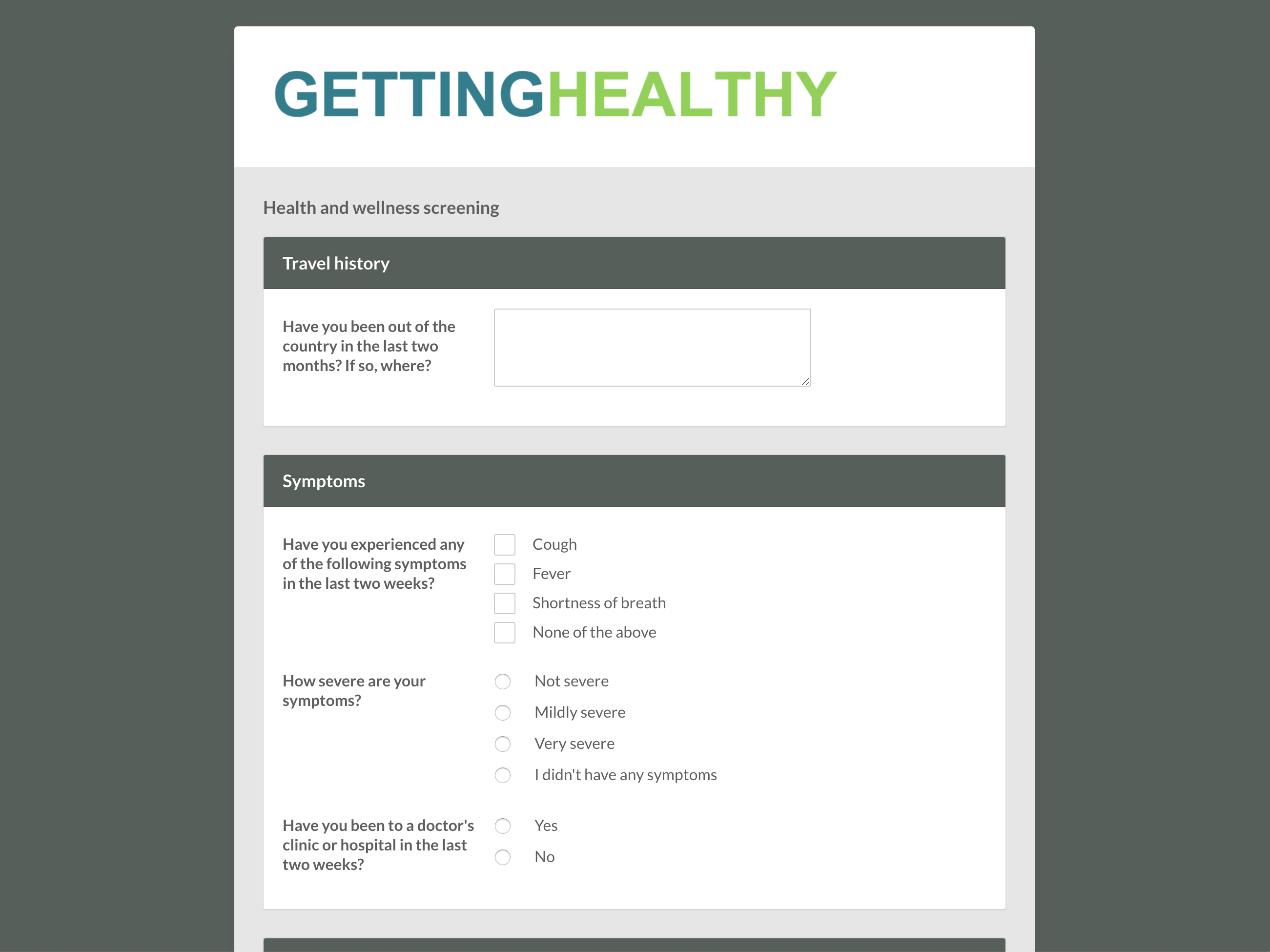 A patient view of a screening form in Cliniko