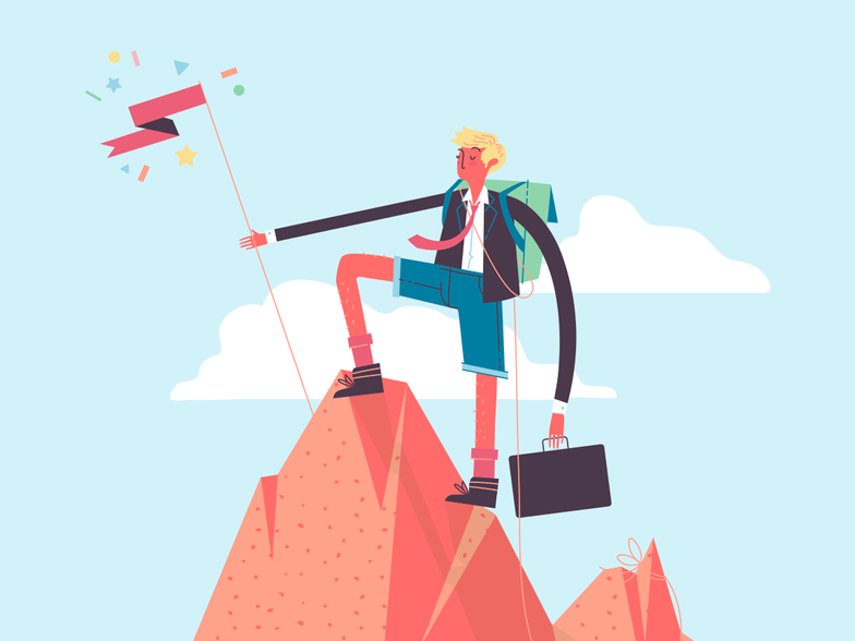 An illustration of a man with a briefcase scaling a mountain to plant a flag at the summit