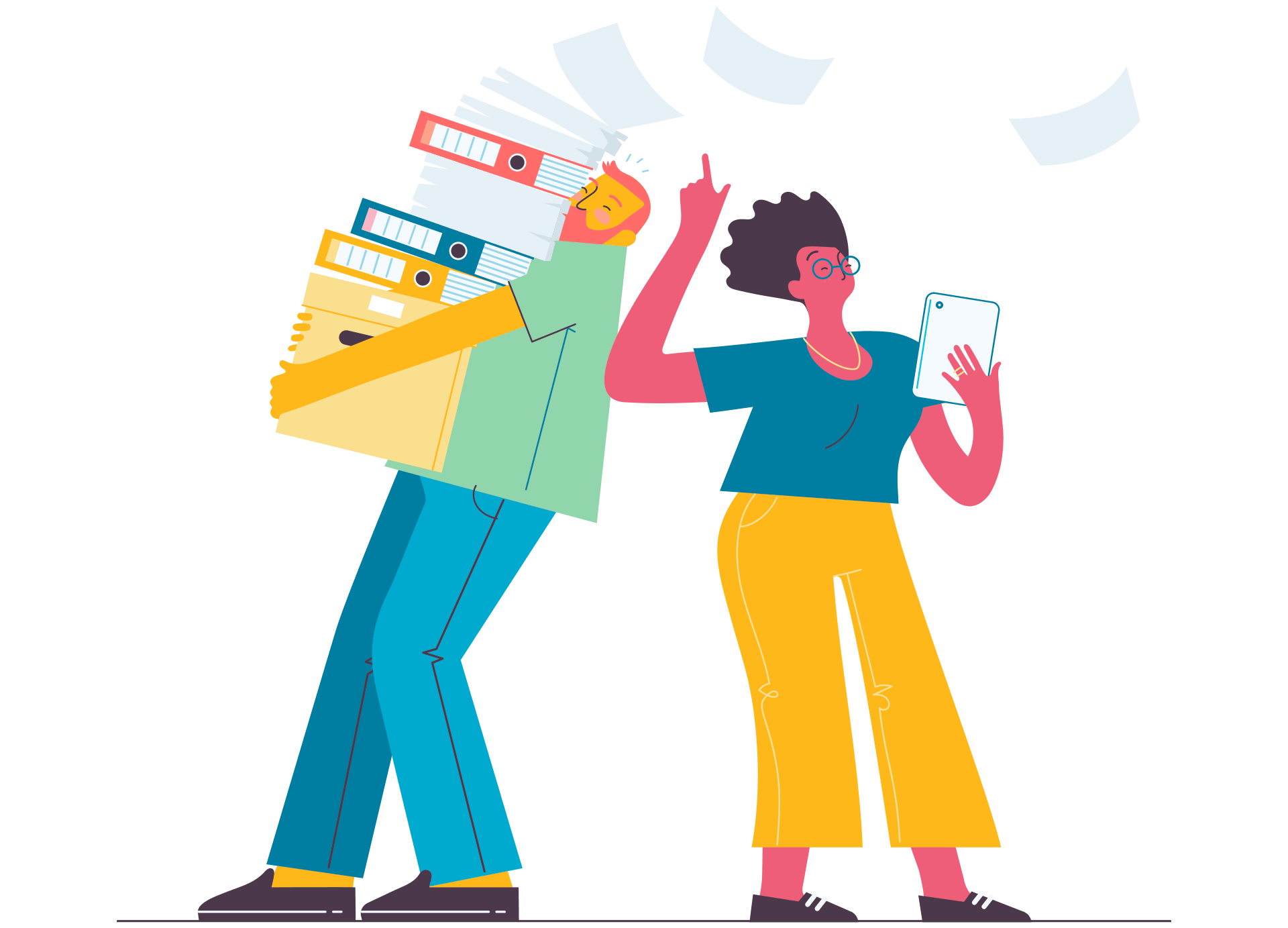 An illustration of a man carrying a stack of paper and folders and a woman with a tablet