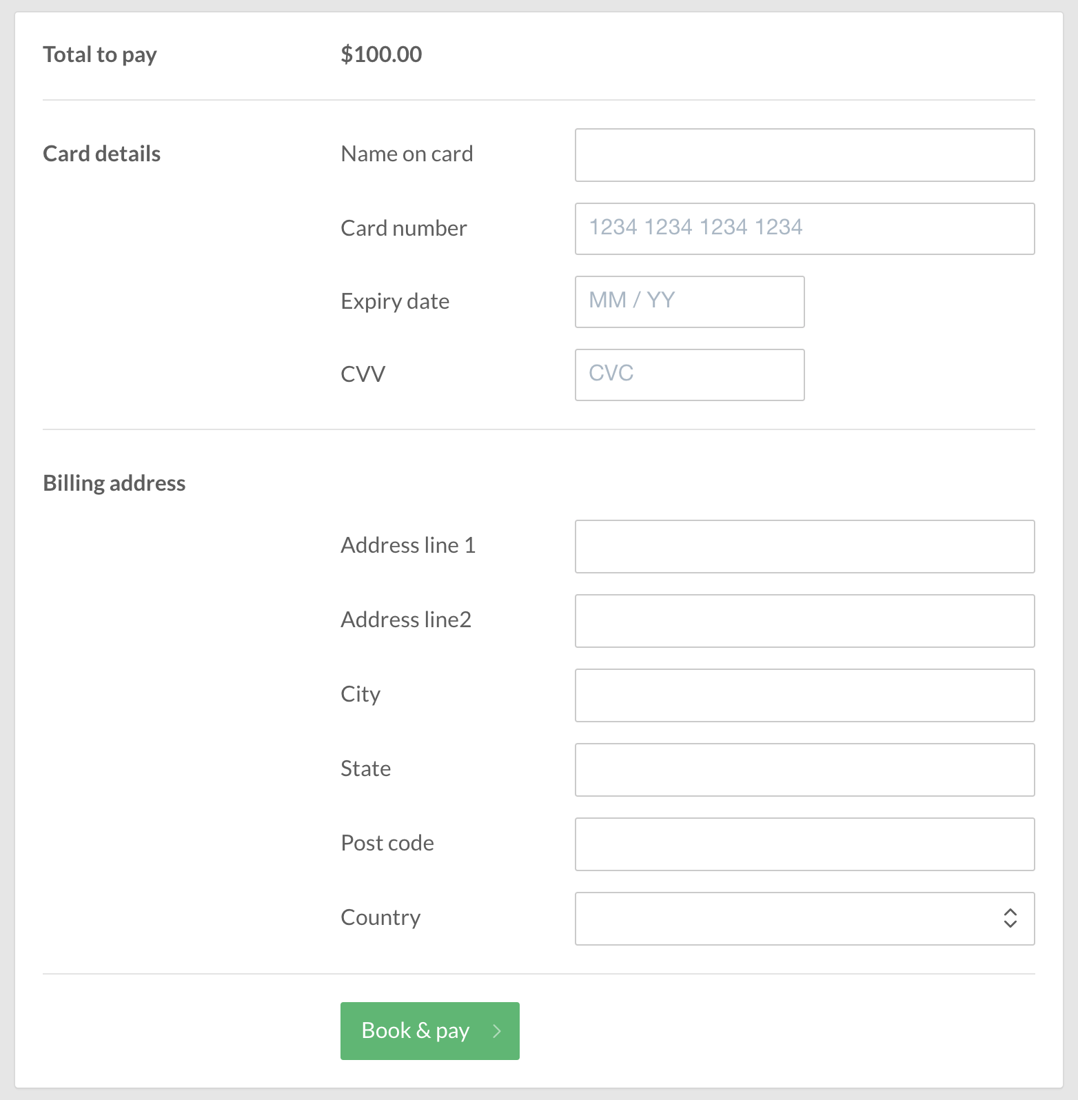 A screenshot of Cliniko's online payments form with billing formation fields