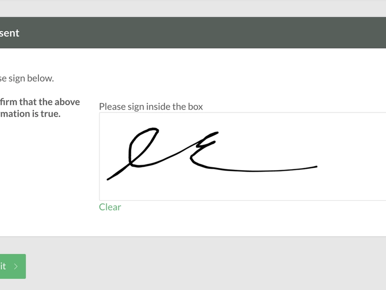 An example of a signature on a patient form.