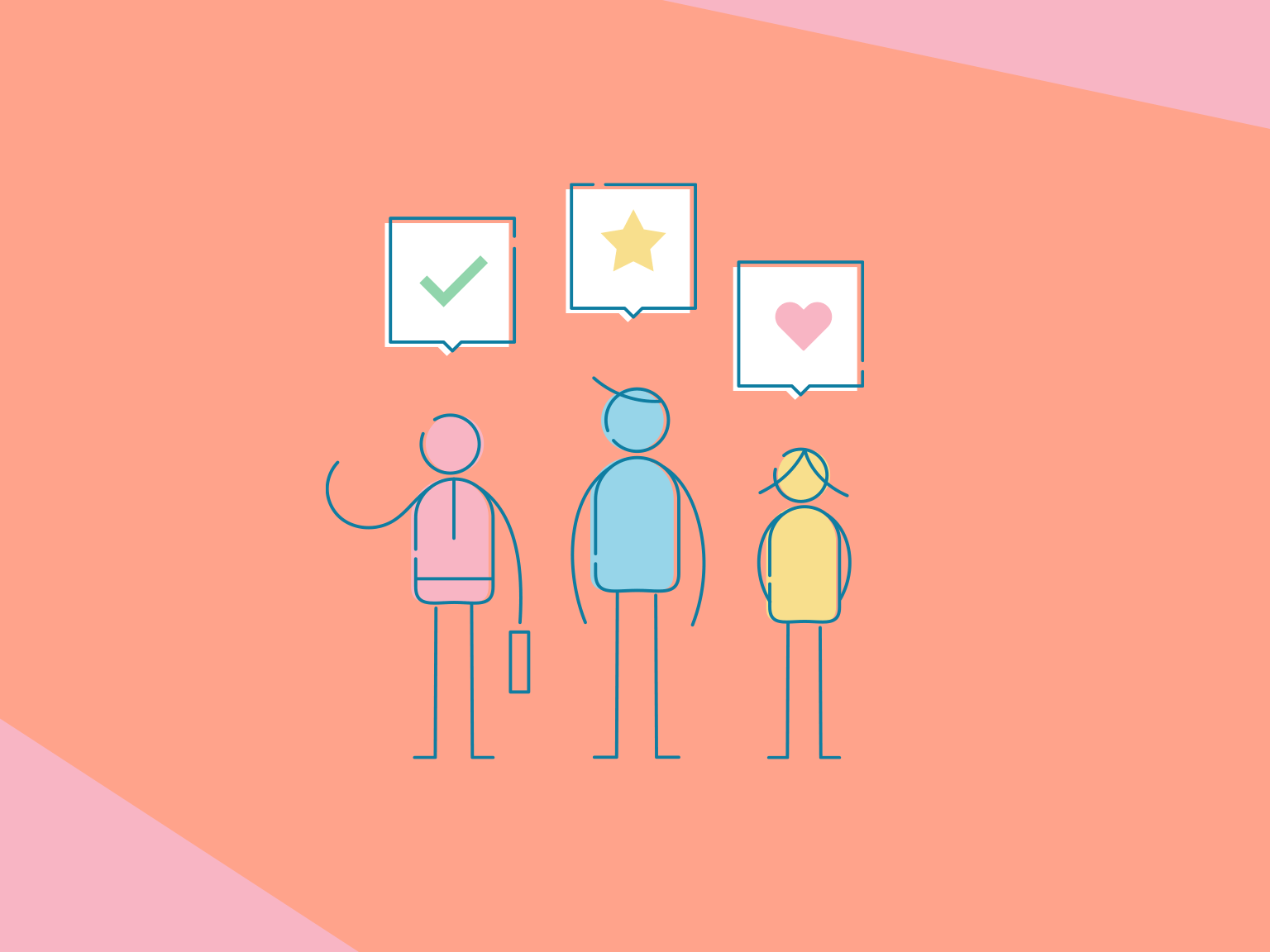 Three people with speech bubbles containing positive review icons.