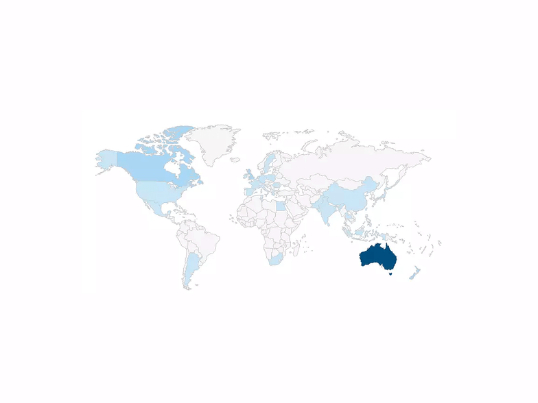 Map displaying Cliniko usage around the world - most usage is in Australia, Canada and Europe.