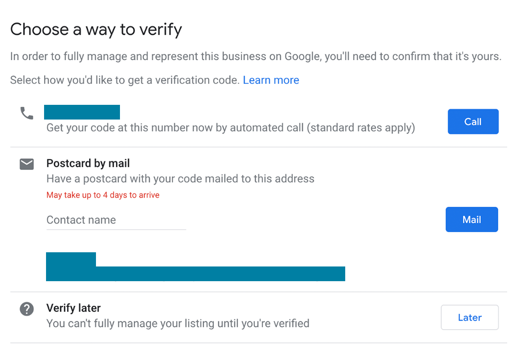 Screenshot of the verification process for an existing business in Google Maps