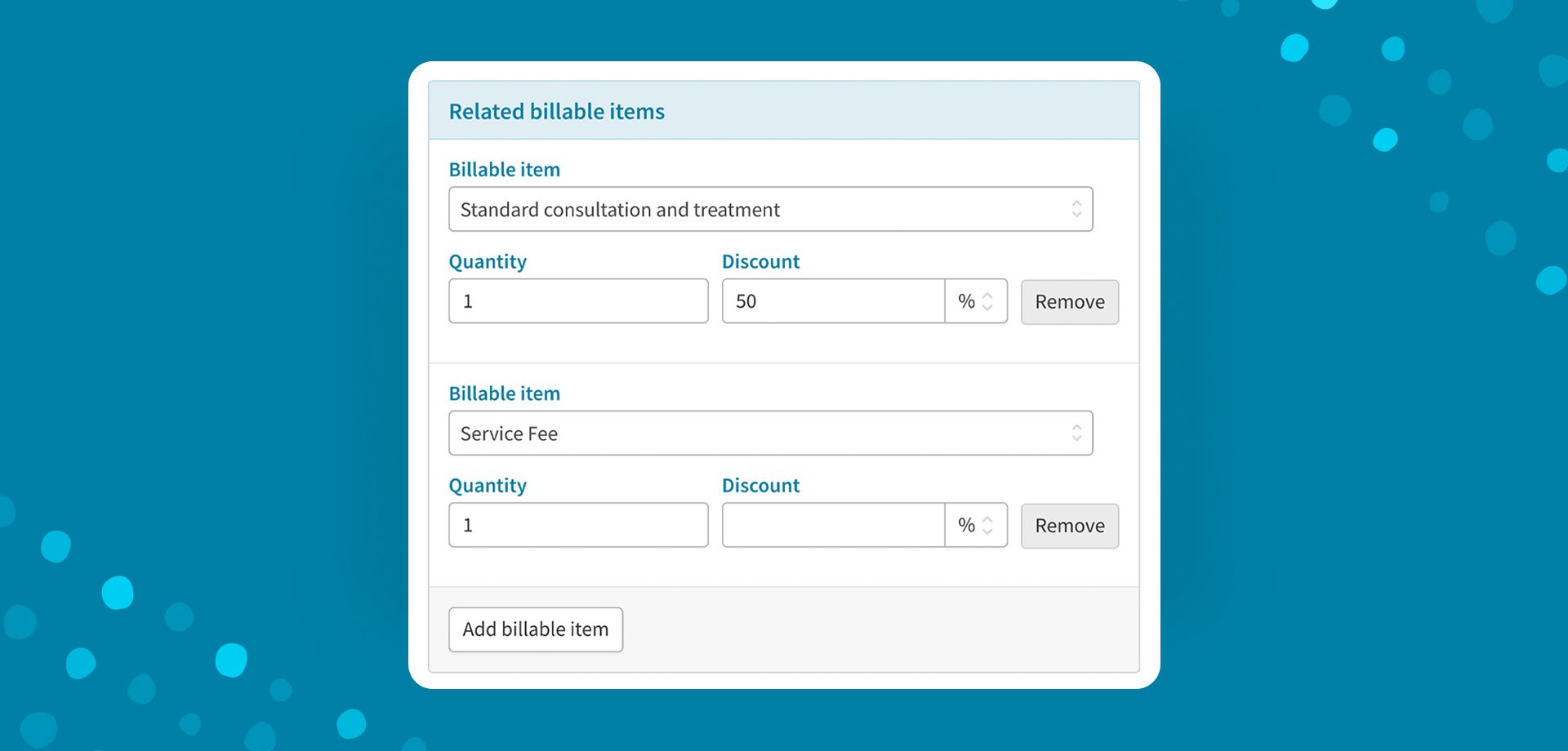 Screenshot of related billable items. Example includes standard consultation and treatment with a discount of 50%. The other is a Service fee.