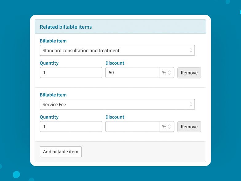 Screenshot of related billable items. Example includes standard consultation and treatment with a discount of 50%. The other is a Service fee.