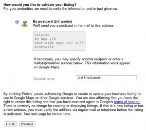 Google places business validation screen.