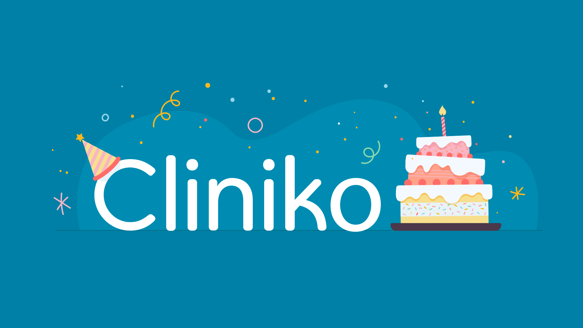 The Cliniko logo illustrated with a birthday cake and party hat