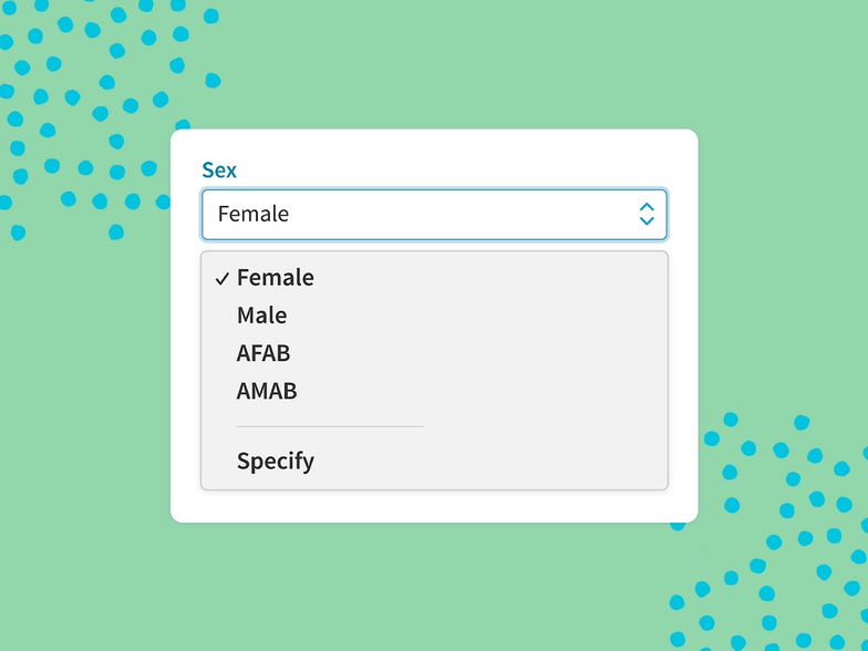 A screenshot of Cliniko's sex field drop down, on a decorative background.