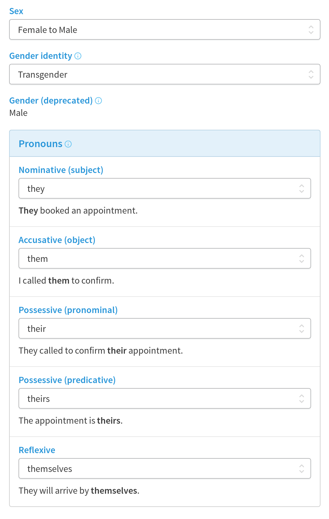 Cliniko settings for sex, gender identity and pronoun options.
